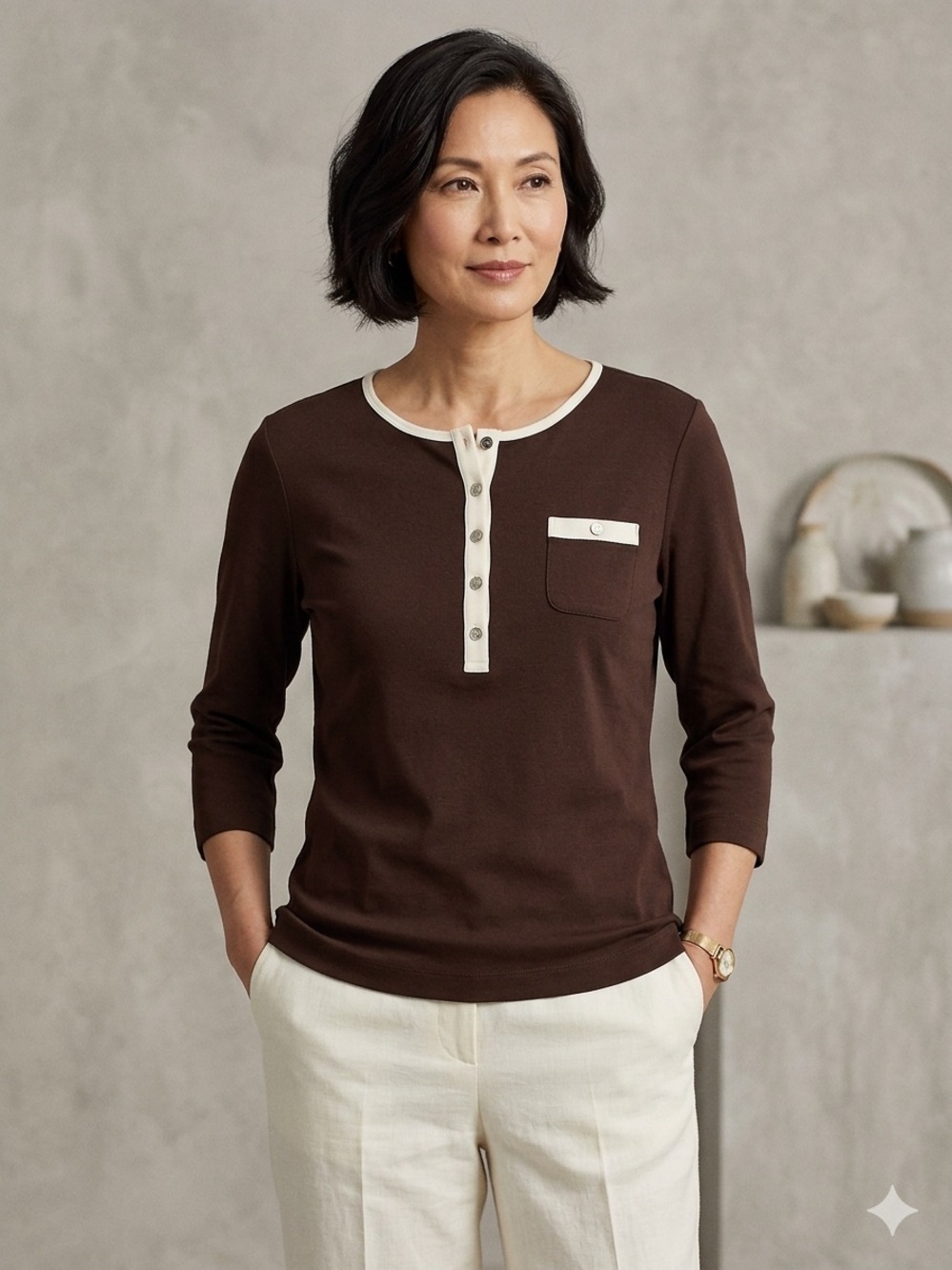 Ralph Lauren Brown Long-Sleeve Henley with Cream Trim